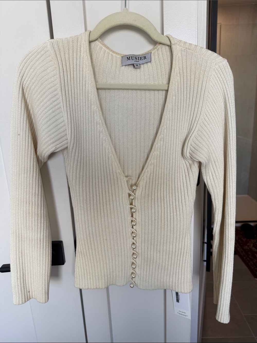 Musier Paris Cream Ribbed V-Neck Button-Up Sweater